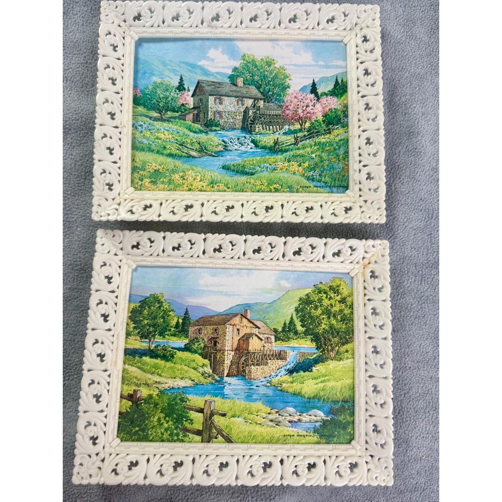 Vintage Lloyd Harting Water Mill Art Prints Pair White Filigree Frames Soroka
